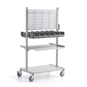 Mobilny stojak z panelem narzędziowym, z pojemnikami, 1625x900x600 mm